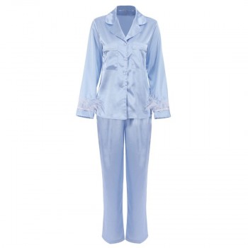 Pajamas For Women 2 Piece Set Feathers Long Sleeve Turn Down Collar Sleepwear